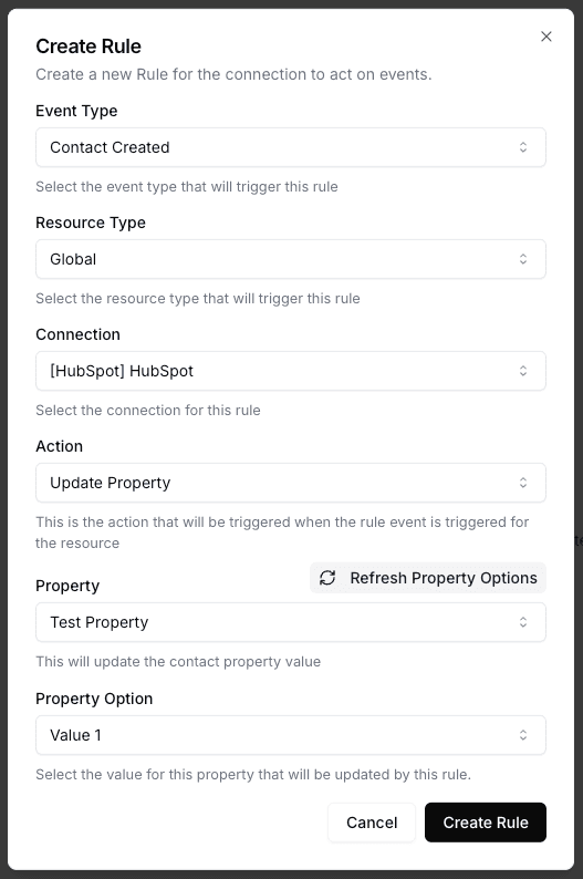 Meshes UI showing the create rule dialog for HubSpot
